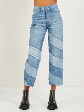 Ganni Cutline Core Misy Cropped Jean Light Medium Wash Two Tone Denim Size 31